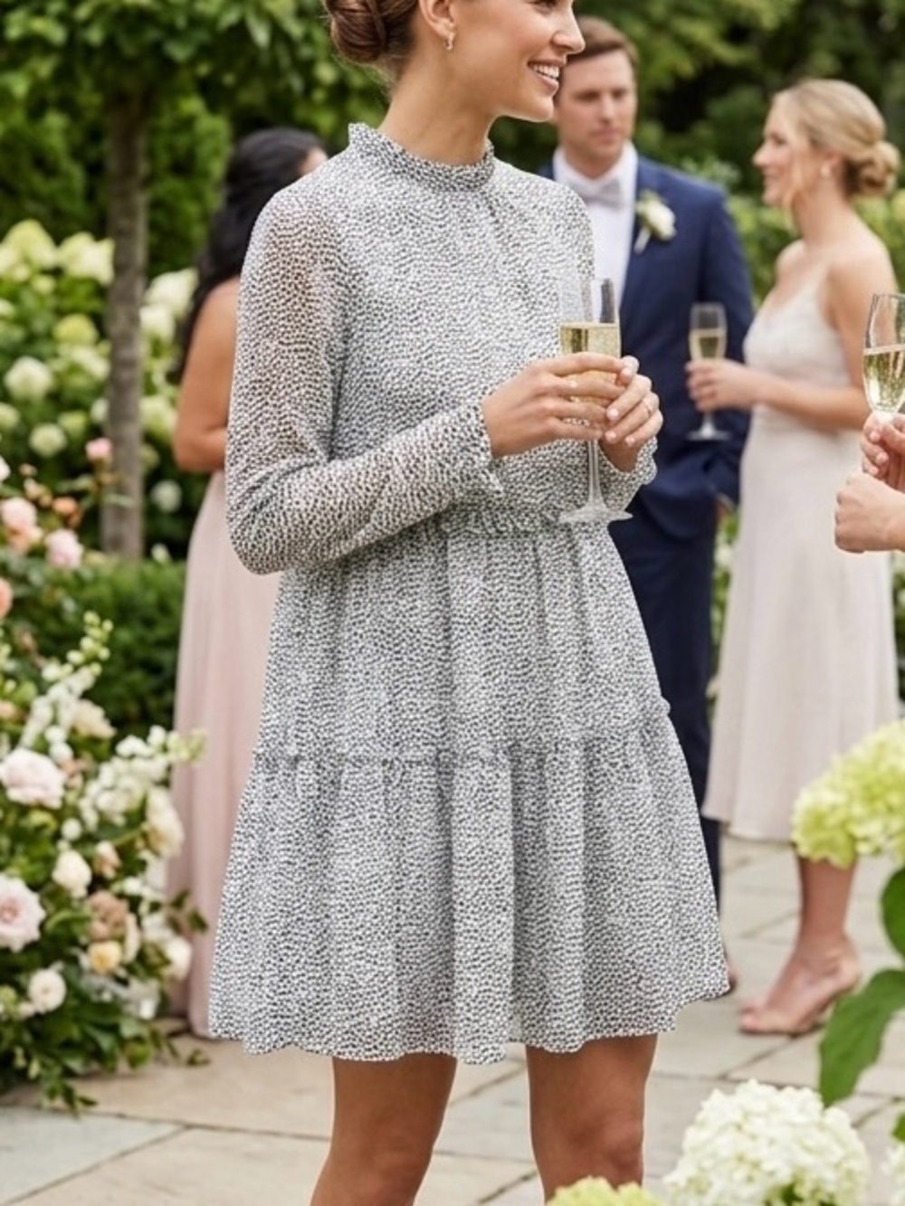 TED Baker - White Chiffon Tiered Long-Sleeve Mini Dress with Black Dot Print